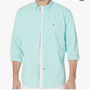 Tommy Hilfiger Men's Long Sleeve Turquoise White Gingham Button Down Shirt Sz L